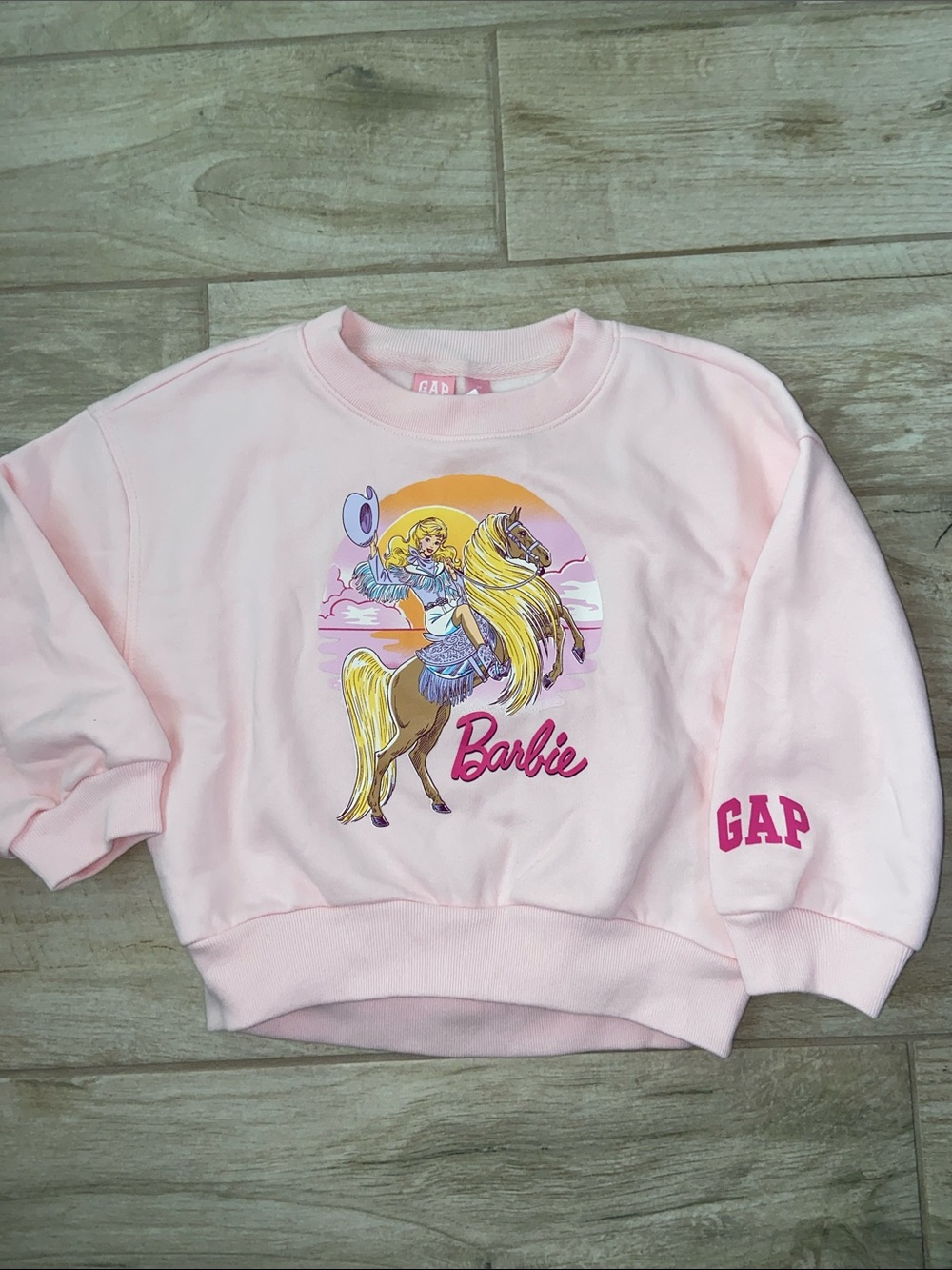 GAP Girls XS 4-5 Pink Barbie Cowgirl Horse Riding Graphic Crewneck Sweatshirt
